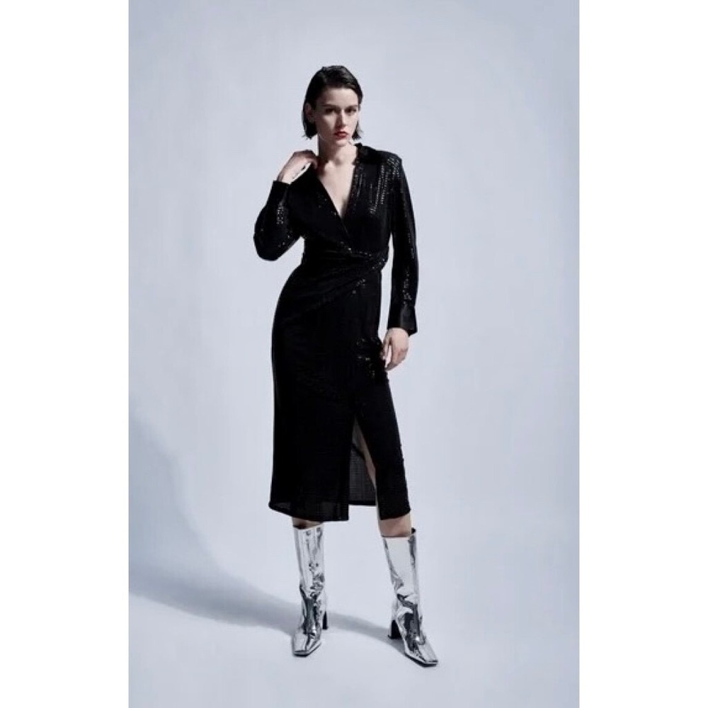 NWT!! ZARA Black Embellished‎ Midi Dress Shirtdress Shirt Dress Twist Waist XS